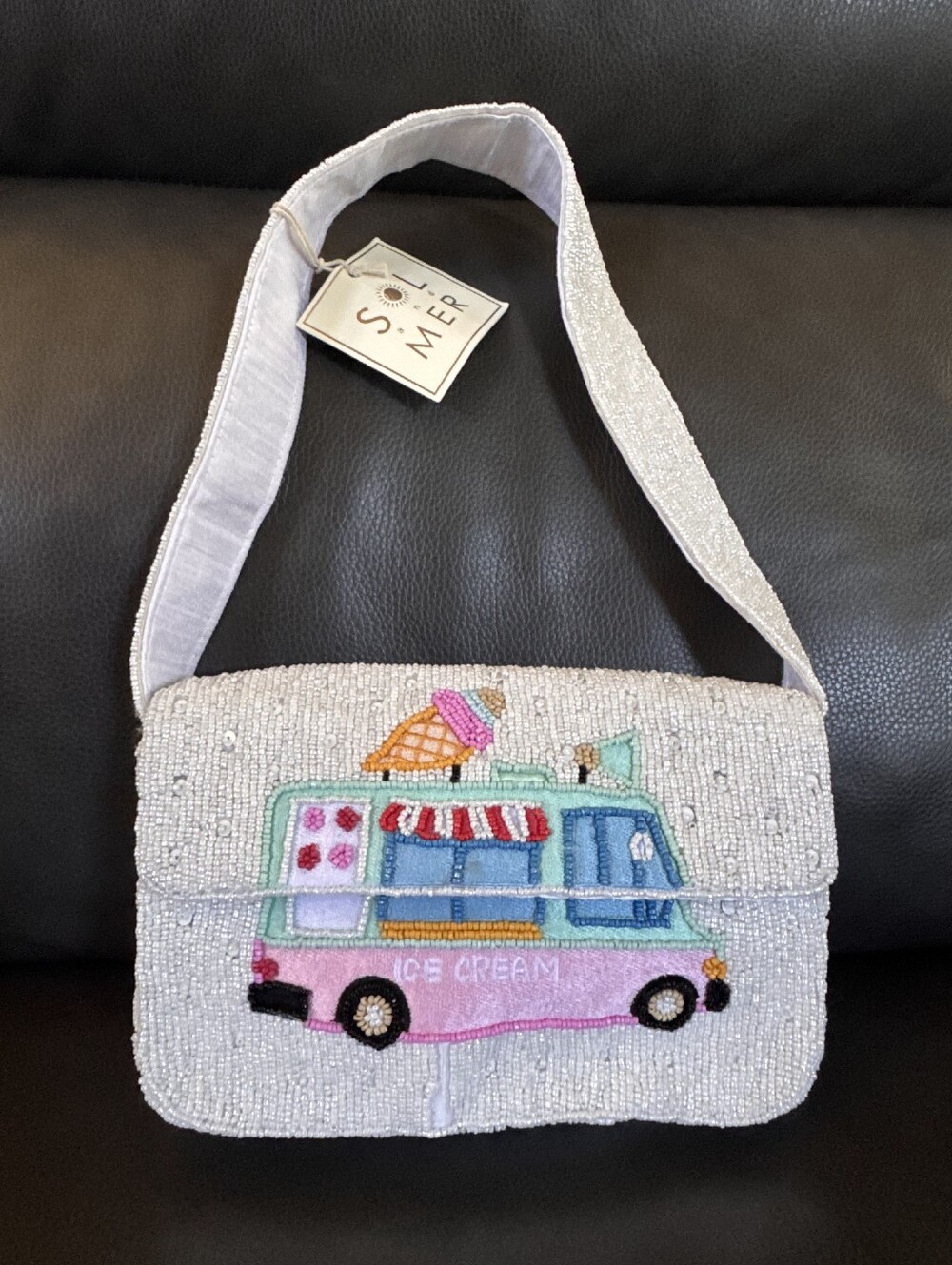 Ice Cream Truck Beaded Shoulder Bag - White & Pink***some Beads Missing***as Is